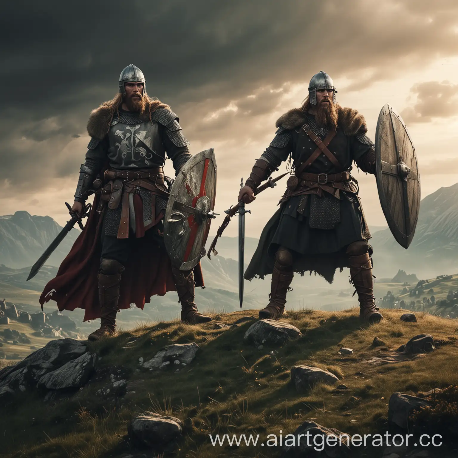 A Crusader and a Viking stand on a hill back to back and fight off enemies.