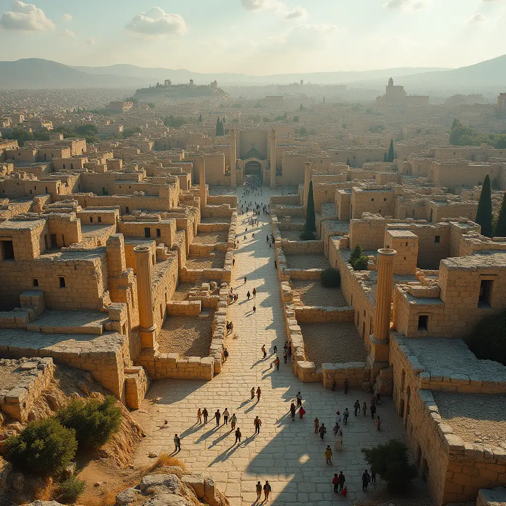 A sweeping aerial shot of modern-day Jerusalem, transitioning to ancient Persian ruins