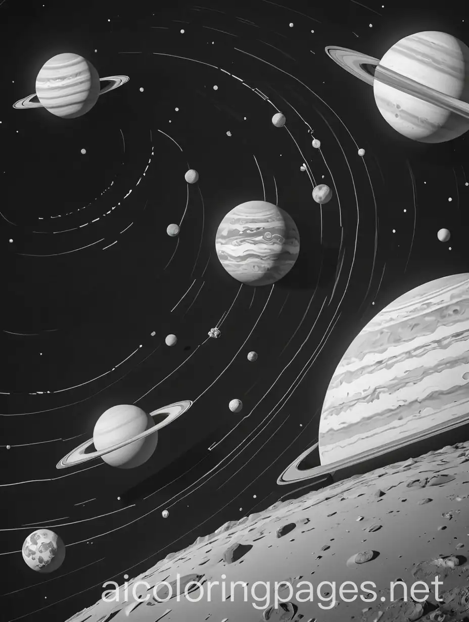 solar system, Coloring Page, black and white, line art, white background, Simplicity, Ample White Space. The background of the coloring page is plain white to make it easy for young children to color within the lines. The outlines of all the subjects are easy to distinguish, making it simple for kids to color without too much difficulty