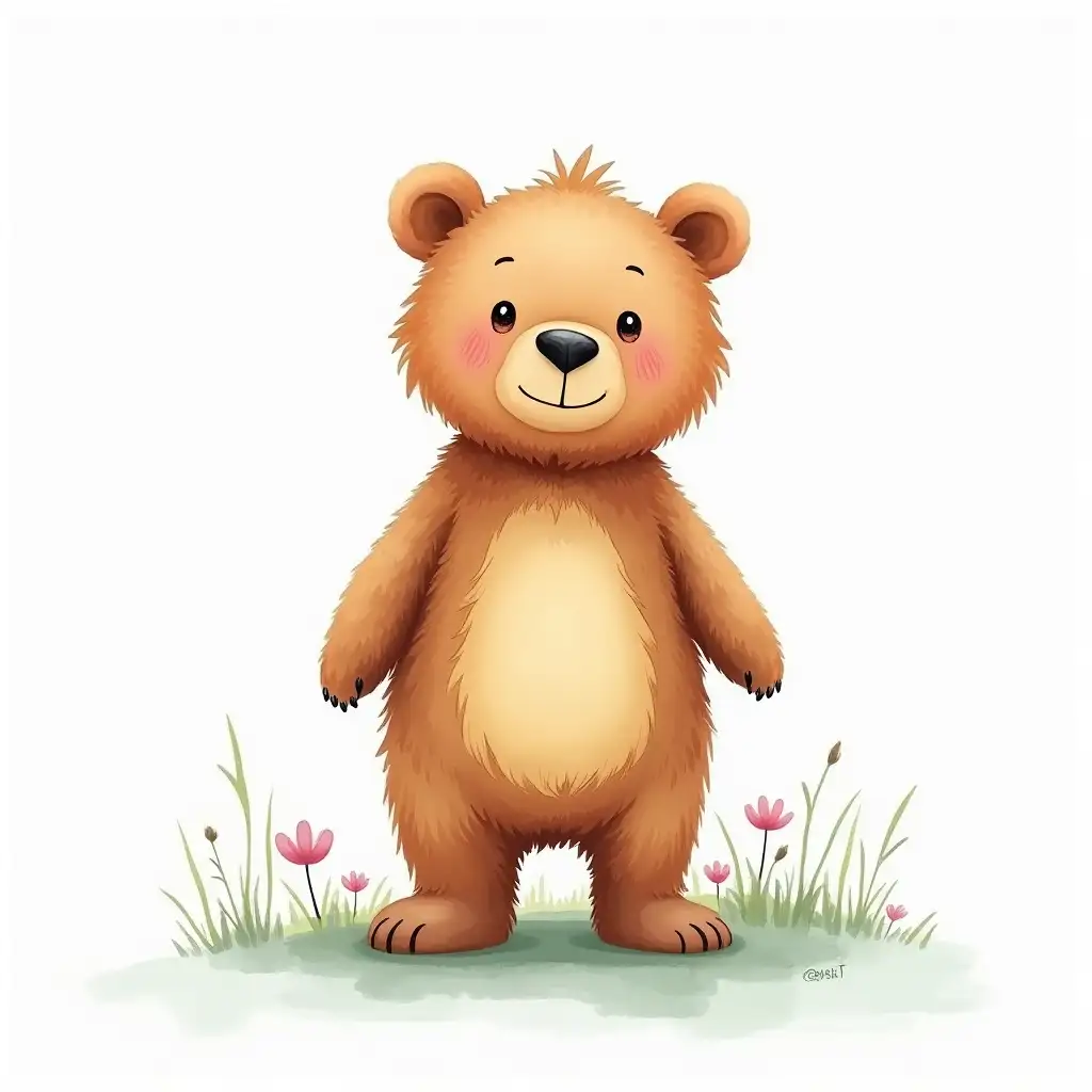 Bear is standing, watercolor, bright colors, clear lines