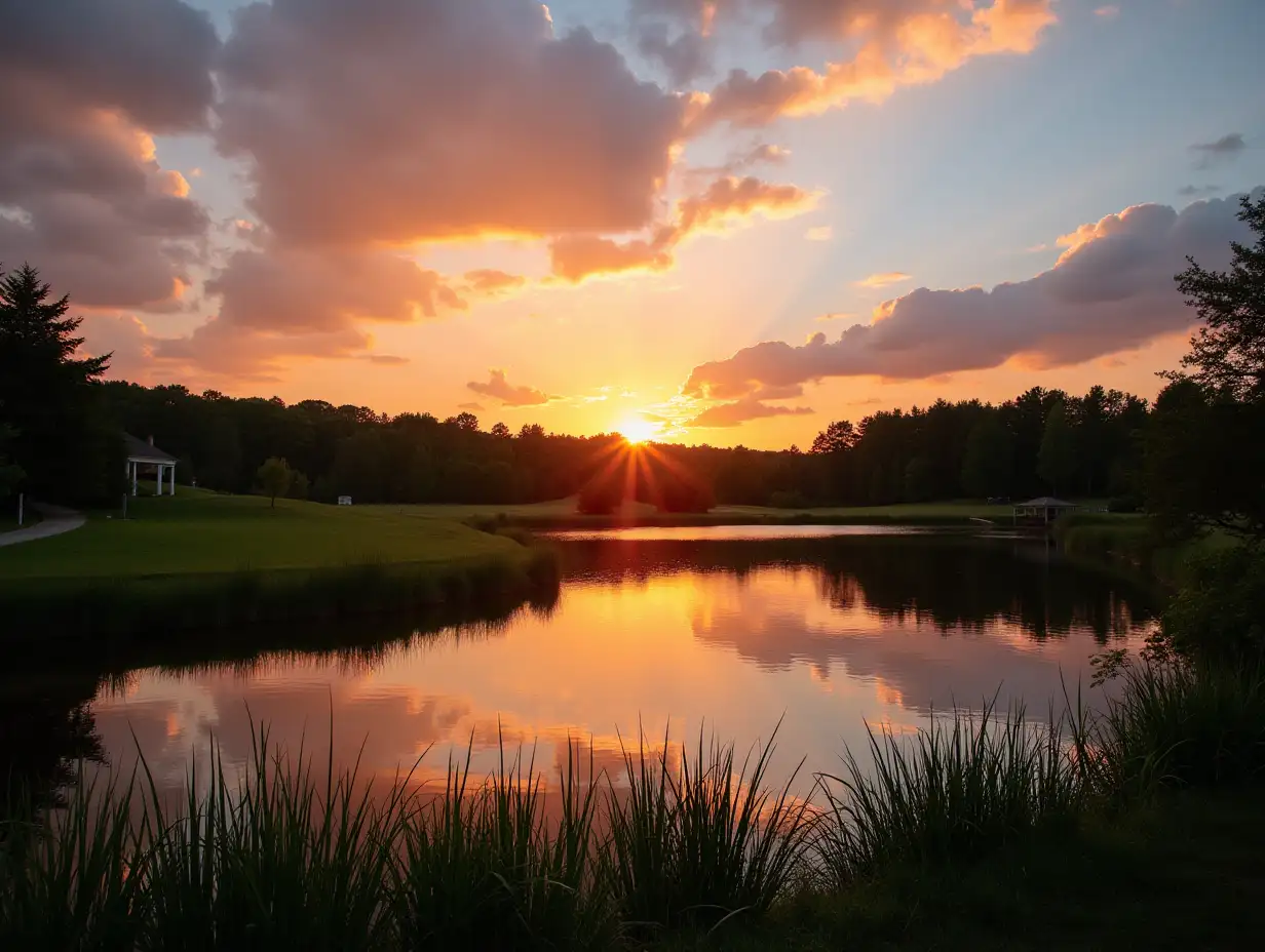 Scenic view of beautiful sunset above the pond