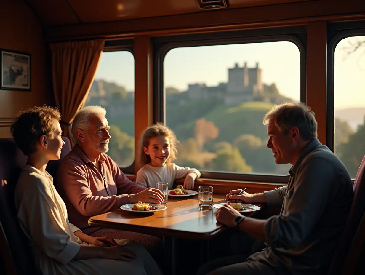 Create an ultra-detailed hyper-realistic photograph of a family of four, the parents being a father of 53 years old and an mother of 45 years old, the children being a boy of 13 years old and a girl of 11 years old, riding in a carriage of the Swanage Railway in Dorset, with a view of Corfe Castle truogh thee window, with impeccable attention to textures, surfaces, and lighting to give depth, dimension, and photoreal look.