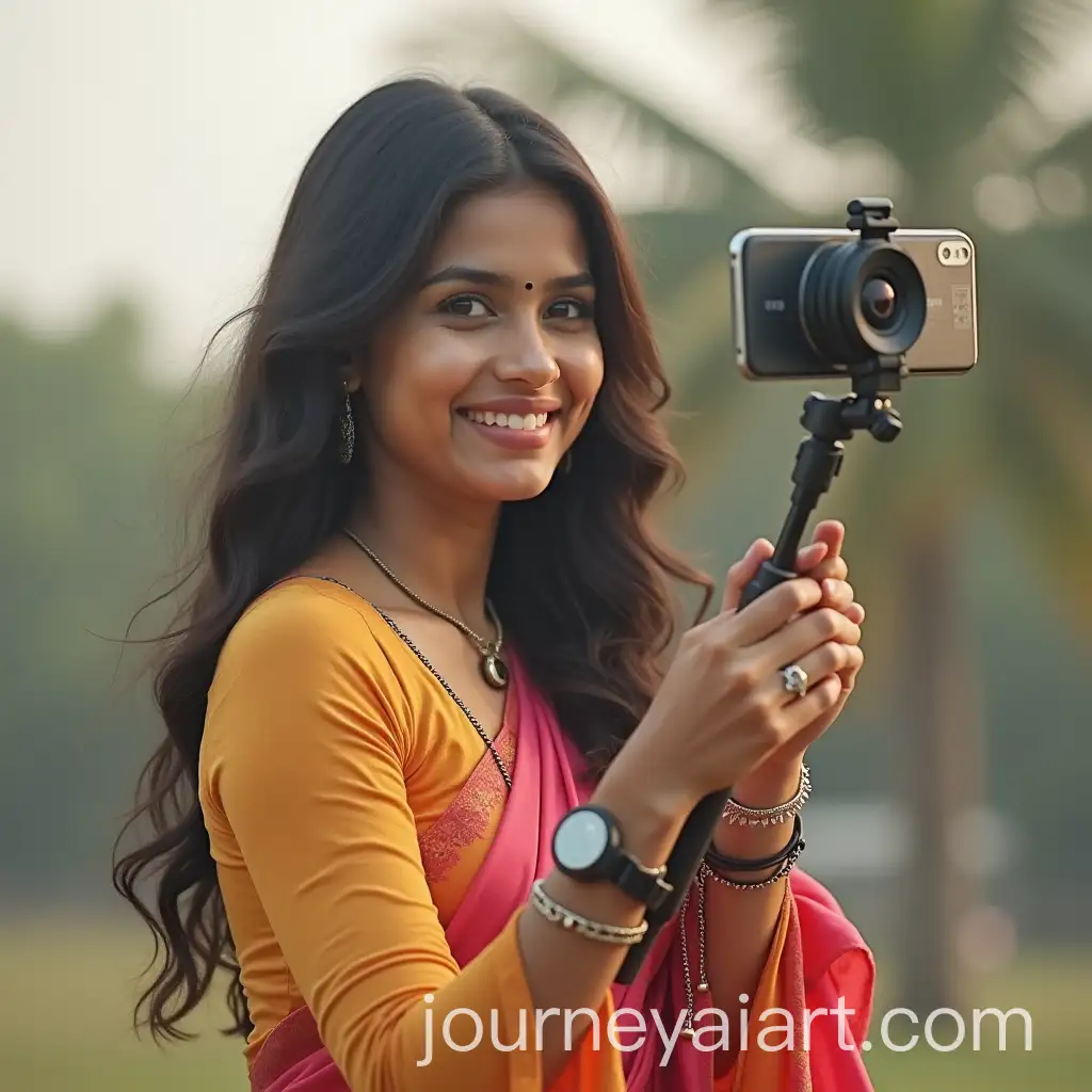 Indian-Female-Social-Media-Influencer-Holding-a-Selfie-Stick-with-Mobile