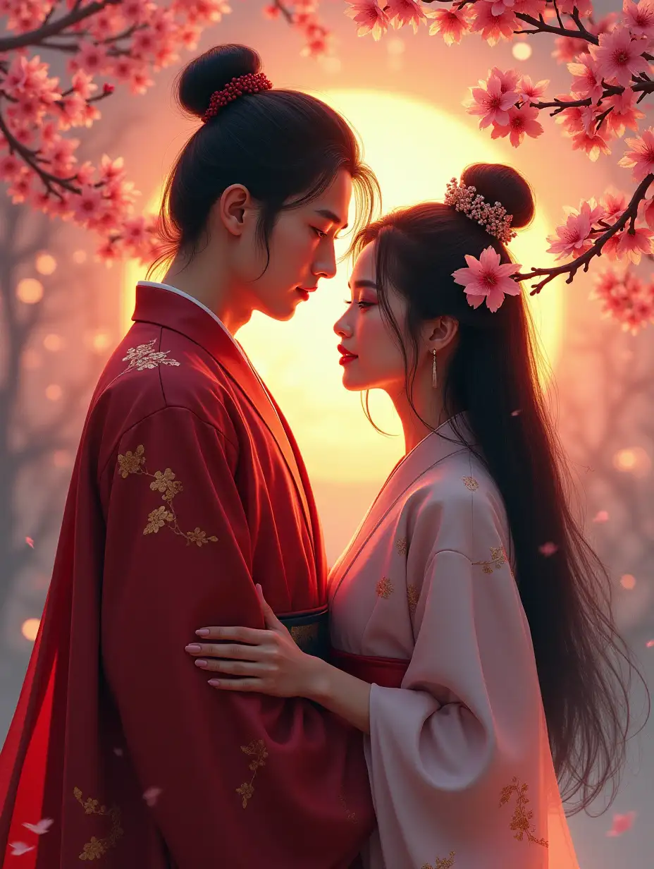 Acrylic, digital painting, beautiful and realistic. Beautiful, young, oriental woman, with a handsome, young, oriental man, in expensive Japanese-style outfits, dark fantasy, against a background of cherry blossoms, against a background of magic, oriental types, double exposure, against a background of the setting sun.