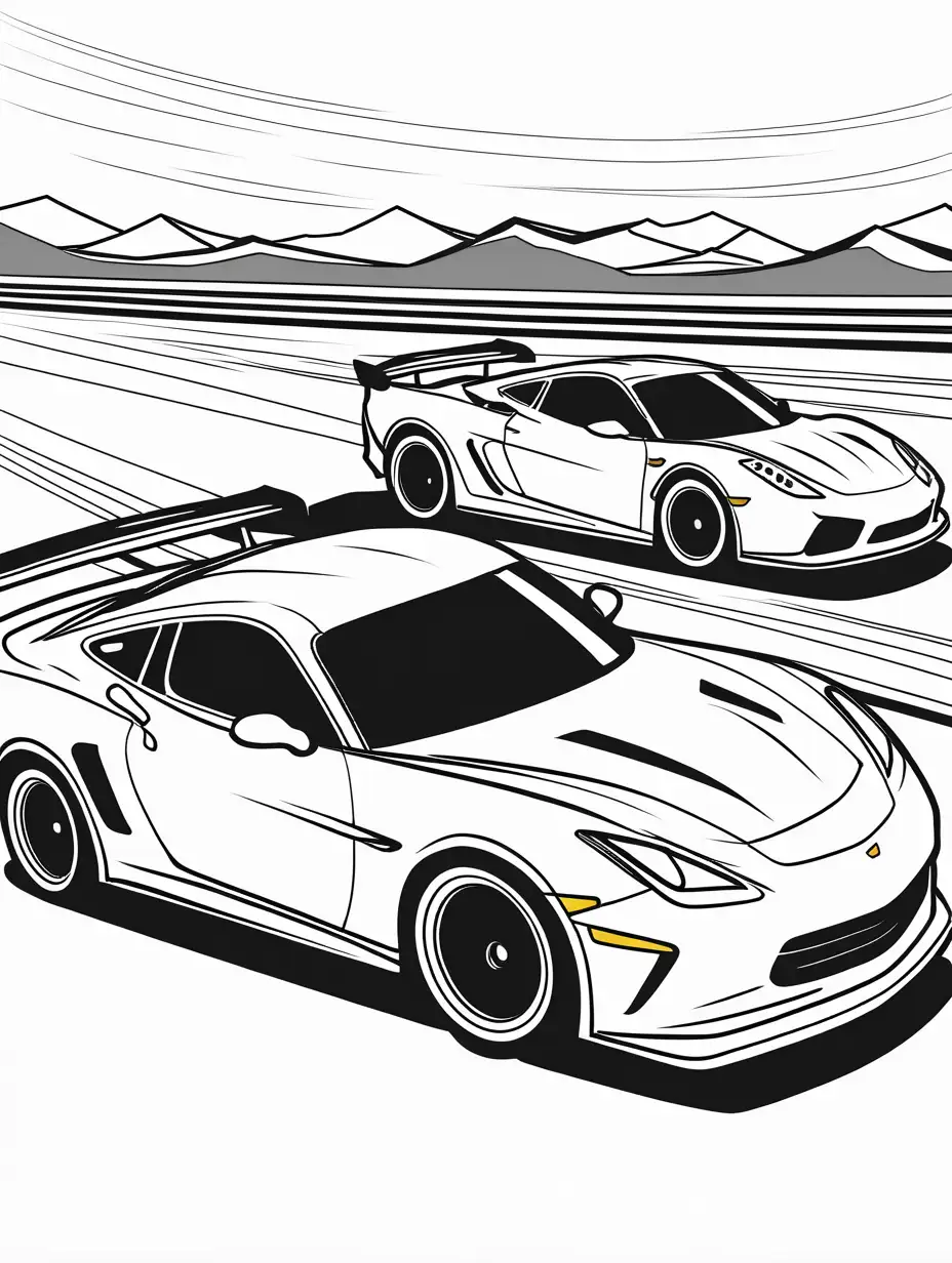 cars in a race, Coloring Page, black and white, line art, white background, Simplicity, Ample White Space