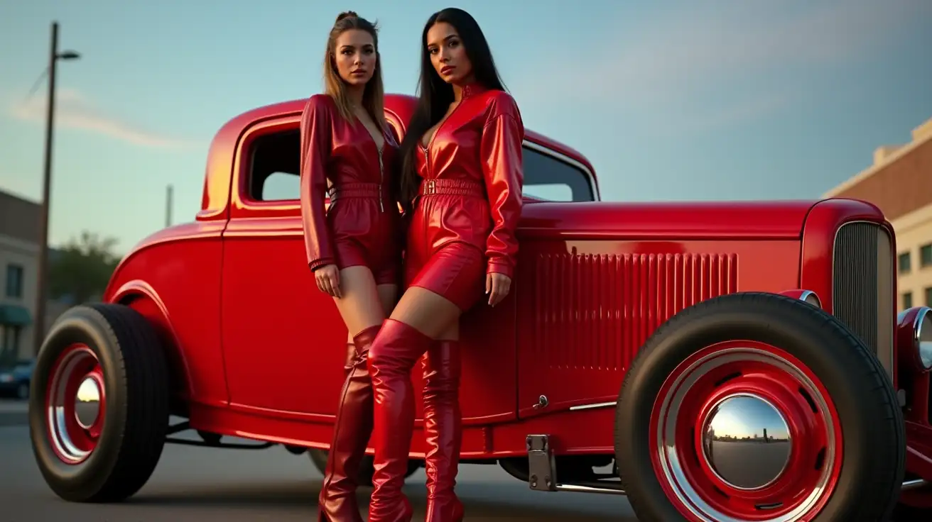 Two-Women-in-Shiny-Red-PVC-Jumpsuits-Next-to-Ford-32-Hot-Rod-on-California-Street-at-Dusk