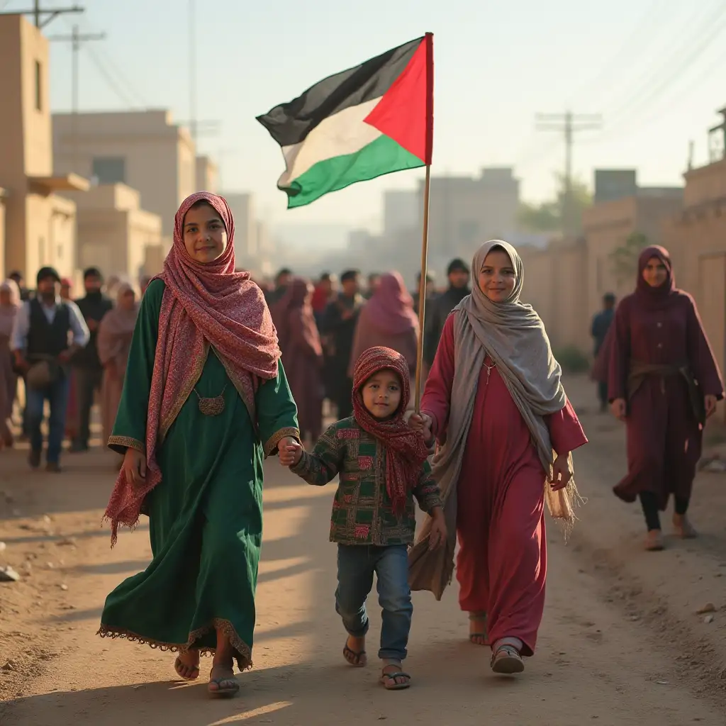 children and women and youth and elders of Palestine and Gaza after victory over their enemies and return to their homes and cities and they are happy about the victory and the enemy leaving their land