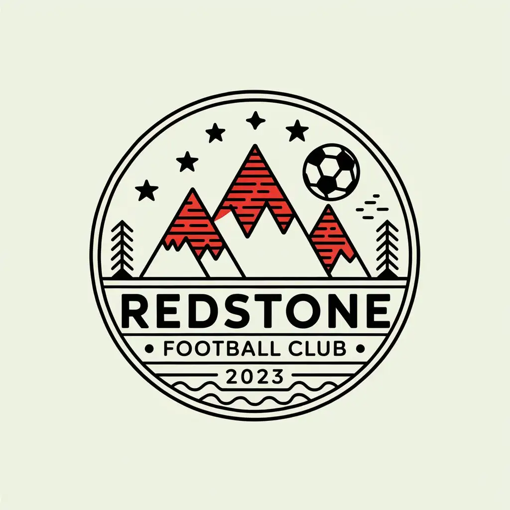 a vector logo design,with the text "REDSTONE FOOTBALL CLUB 2023", main symbol:Three red-lined mountain peaks, snow-covered summits, a black and white soccer ball flies over, five stars in the sky, one river, the overall pattern is enclosed in a circle, simple sketch style,Moderate,clear background