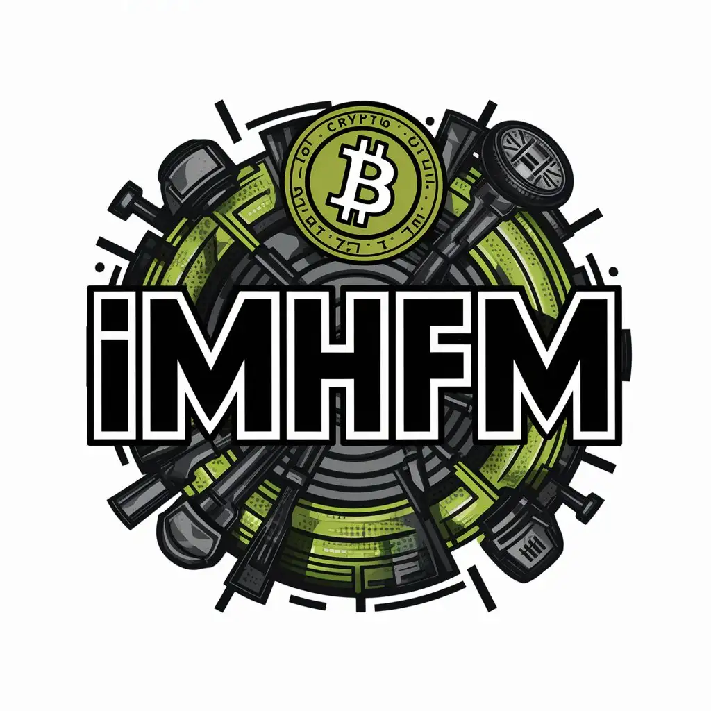 a vector logo design,with the text "IMHFM", main symbol:crypto theme, bitcoin, coins, cyberpunk style, acid green color, black and white text,complex,clear background