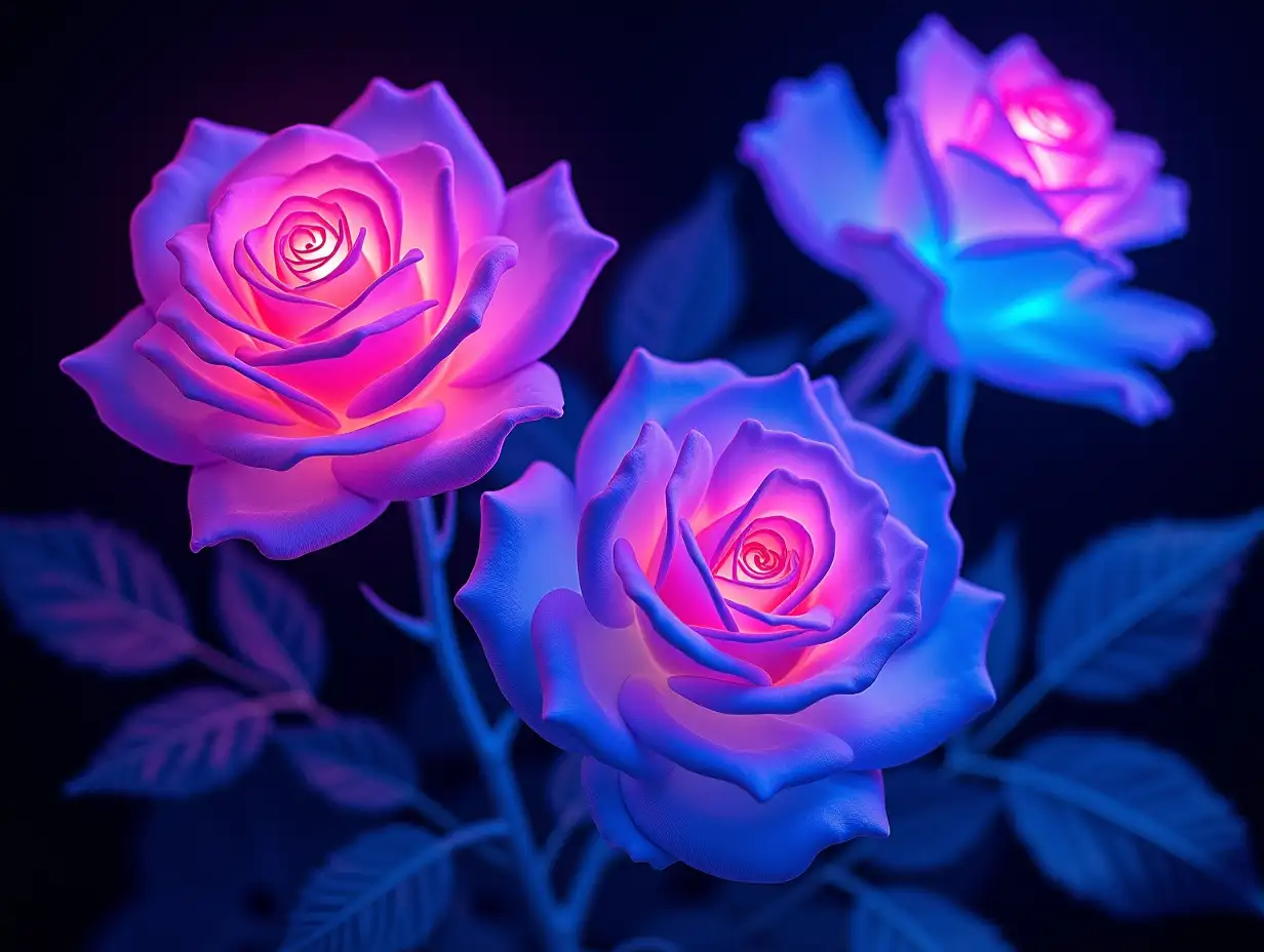 Create an image of glowing neon roses with a futuristic and ethereal style. The roses should have vibrant hues of purple, pink, and blue, with a luminous glow that makes them appear almost otherworldly. The background should be dark, allowing the neon colors of the roses and leaves to stand out vividly. The leaves should also have a neon glow, complementing the colors of the roses. The overall effect should be mesmerizing and visually striking, with a sense of depth and dimension. Alcohol Ink painting