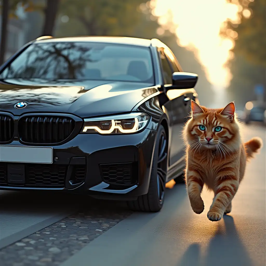 tinted windows, black BMW XM label red chases a fluffy red cat with blue eyes, who runs away in horror along the road, comic