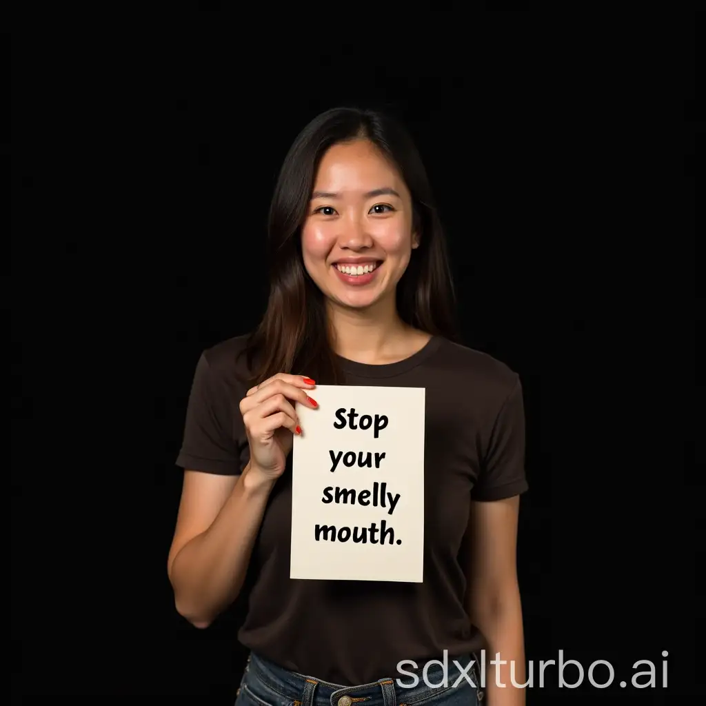 Asian-Woman-Holding-Stop-Your-Smelly-Mouth-Sign-on-Black-Background