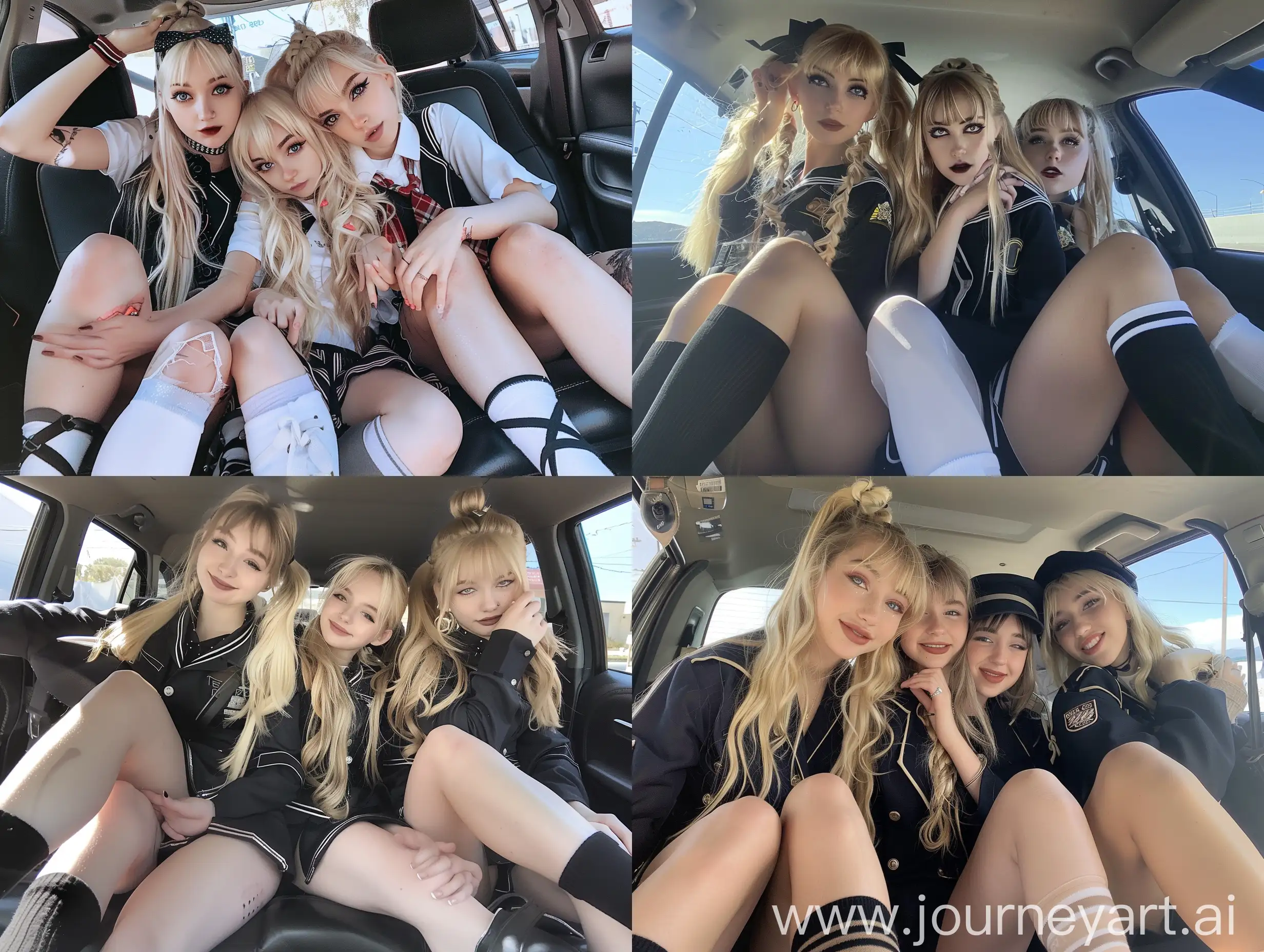 Three-Young-American-Women-in-Black-Seifuku-Uniforms-Taking-a-Natural-Selfie-Inside-a-Car