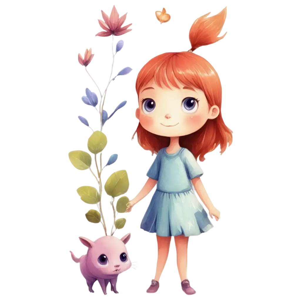 Whimsical-Abstract-PNG-Illustration-RedHaired-Girl-in-Nature-with-Plants-and-Animals