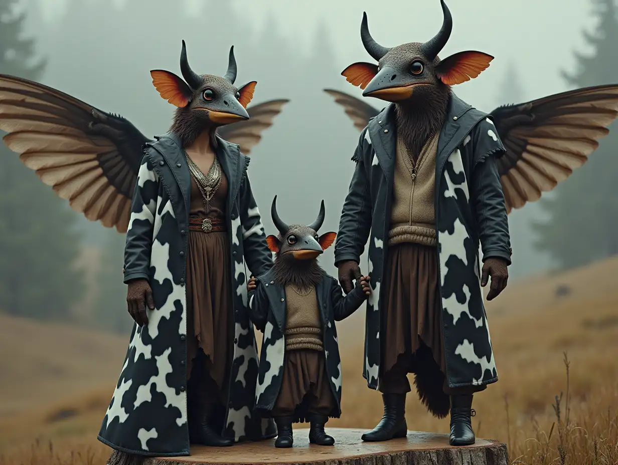 KI-Fantasy family, man, woman, and children, with ears and giant hummingbird face with and black- and white leather coat, cow pattern stands on a stump in 4k