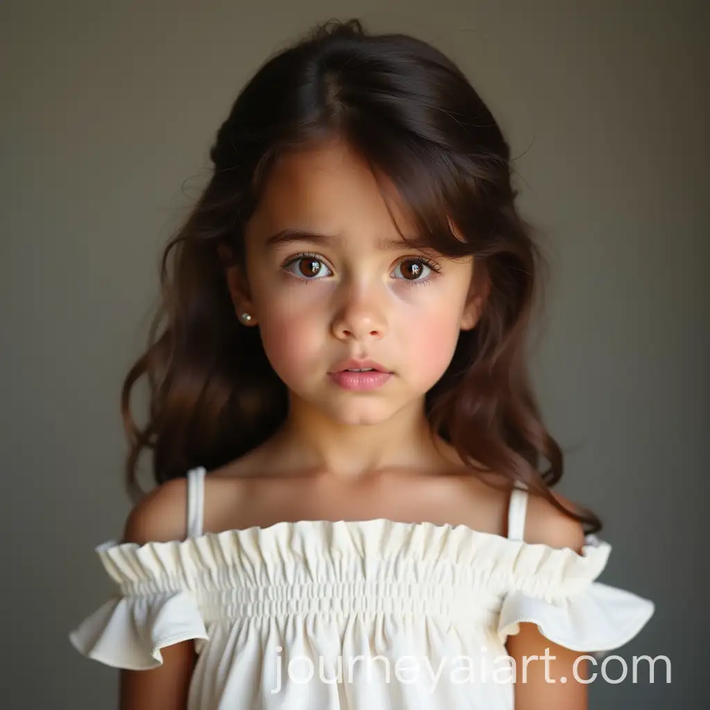 Seven-Year-Old-Brunette-Child-in-White-Dress-with-Concerned-Expression