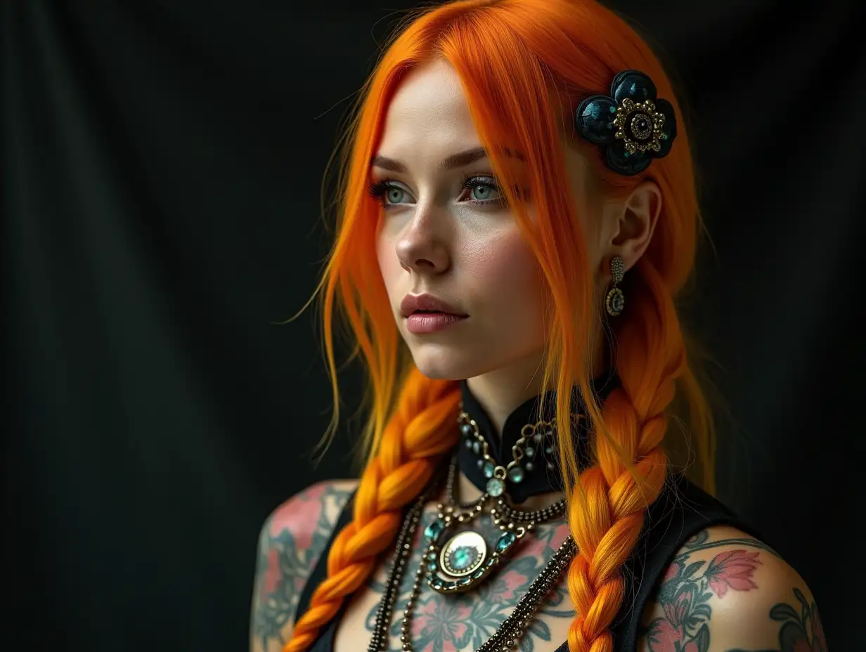 Lady with a -tattoo, futuristic long orange-yellow hair, braided and laced boots, with E-guitar flowers and intricately detailed and colorfully worn and futuristic jewelry. Background Unfocused, black 120-mm Steampunk shot