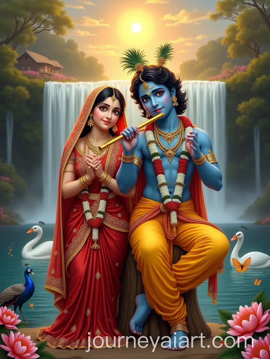 Radha-and-Krishna-with-Flute-by-a-Waterfall-in-a-Serene-Garden