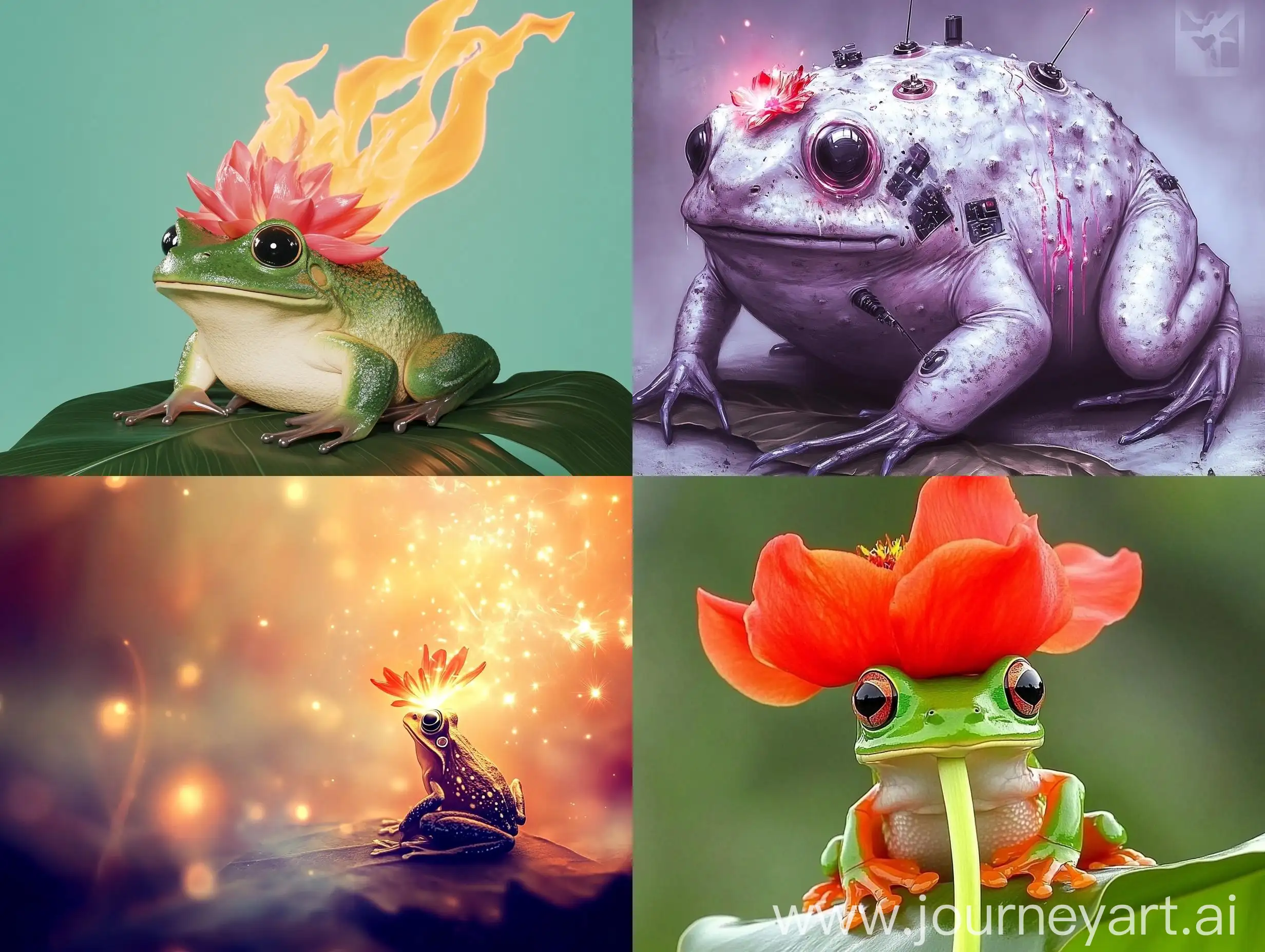 Ethereal-Frog-with-Neon-Green-Skin-and-Red-Flower-on-Alien-Leaf