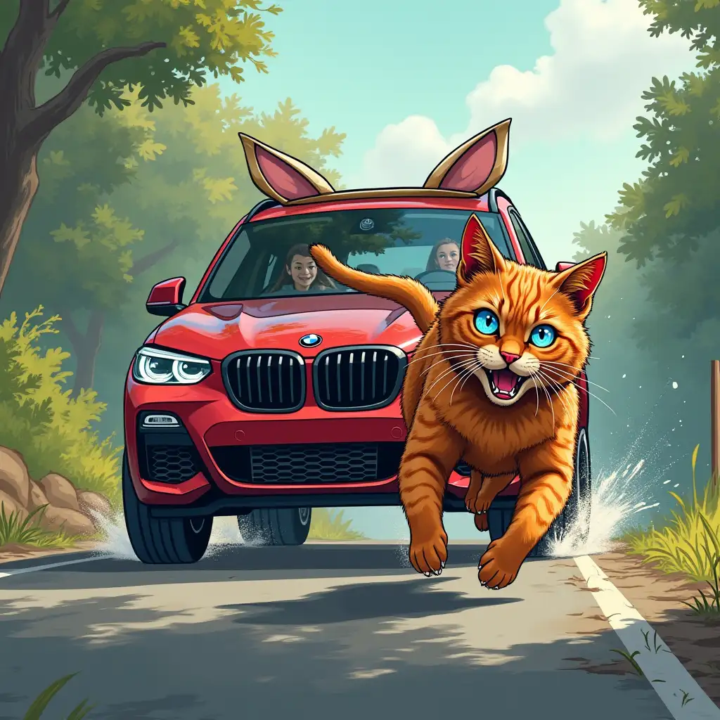 coloured glasses, black BMW XM label red chases a shaggy red cat, who is running away in horror on the road, the cat has blue eyes, comic