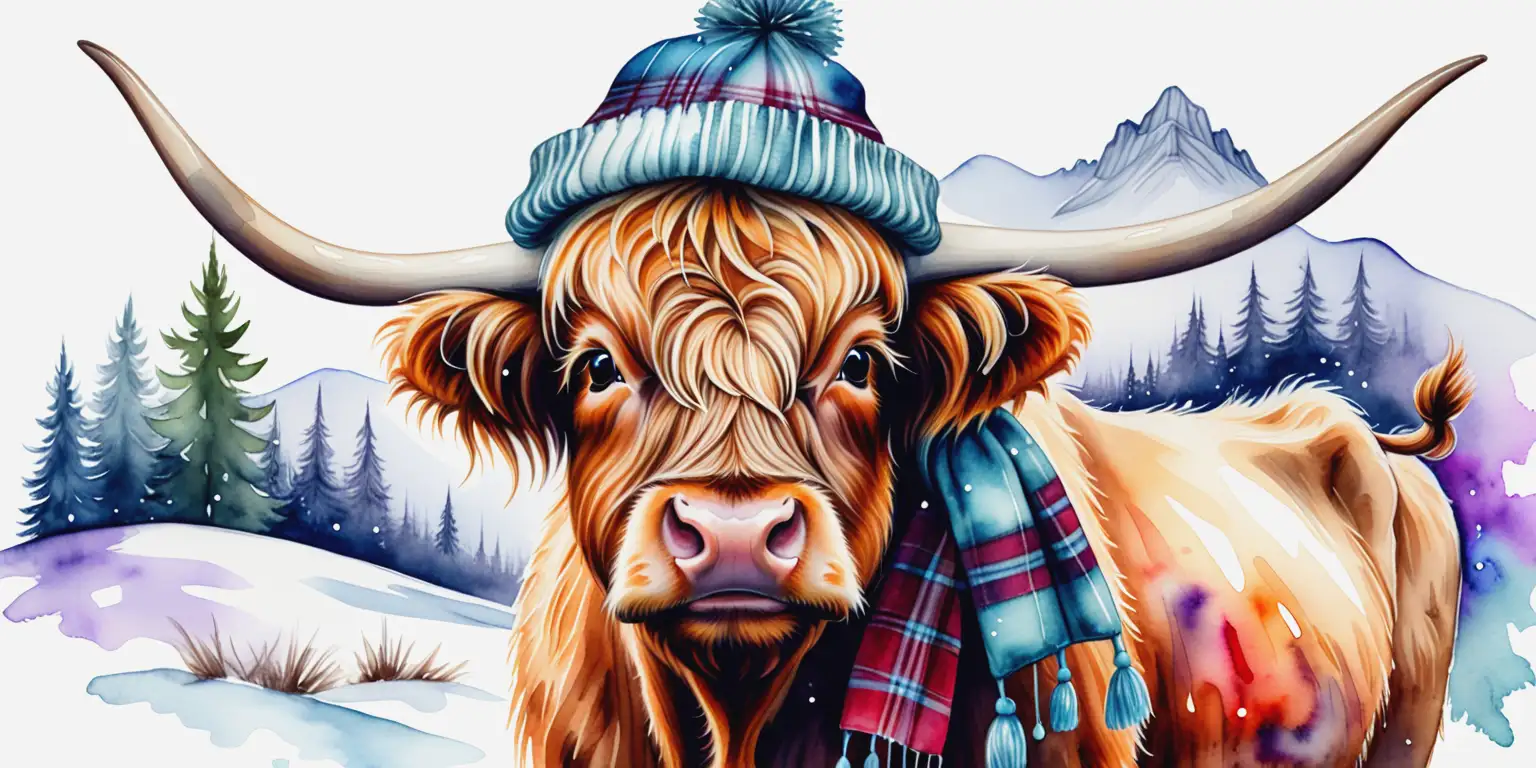 Highland Cow in Holiday Attire with Alcohol Ink and Watercolor Background