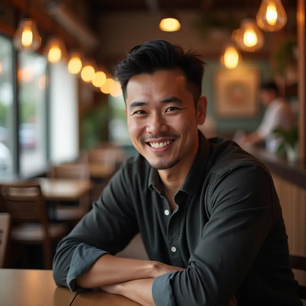 Handsome Asian man aged 30 th sitting facing camera in a coffee shop with a very beautiful background