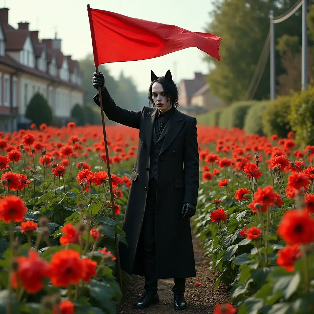 Marilyn Manson stands in the middle of a garden where flowers look like cats and raises a red flag