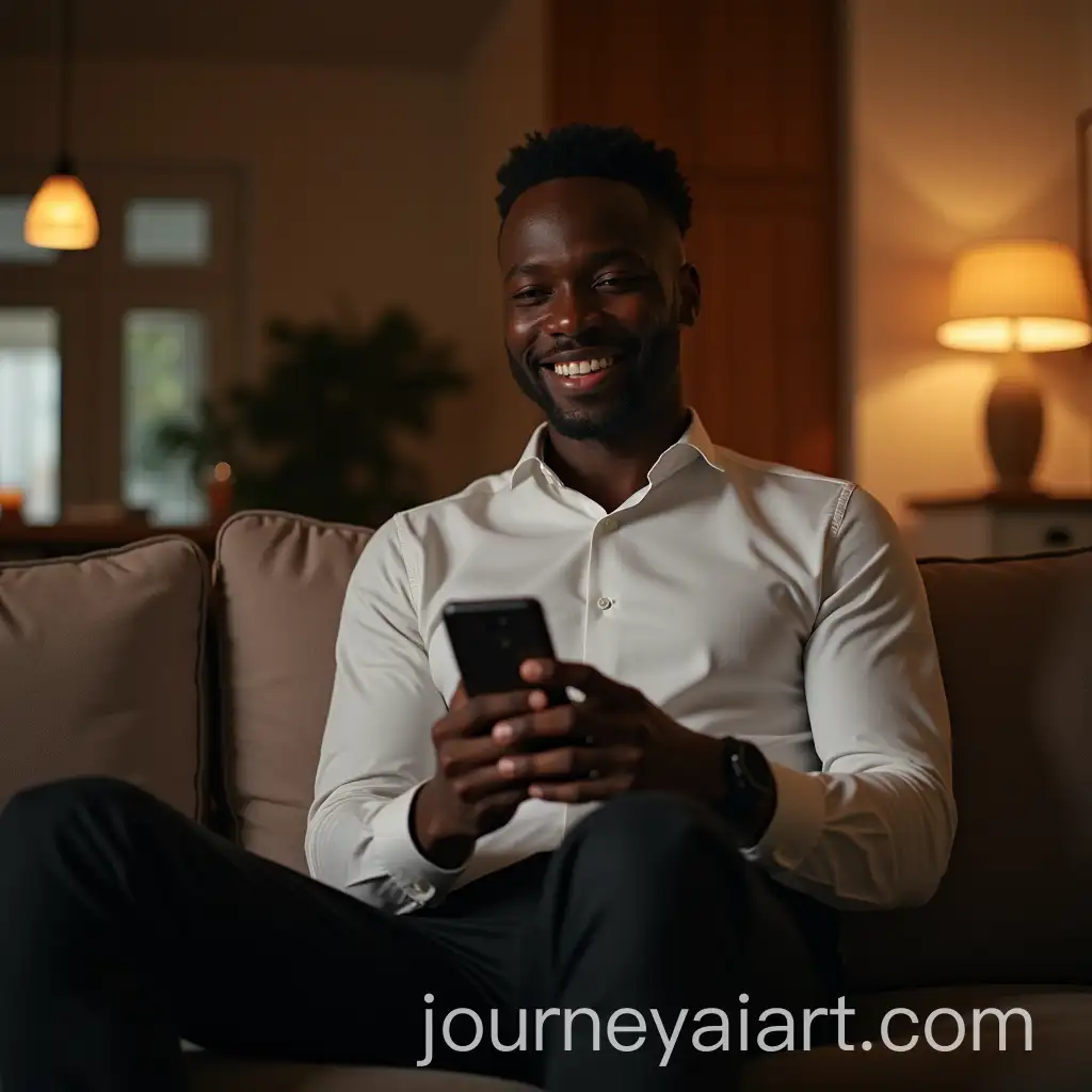 Young-Black-Man-Relaxing-on-Modern-Couch-with-Smartphone-in-Cozy-Living-Room