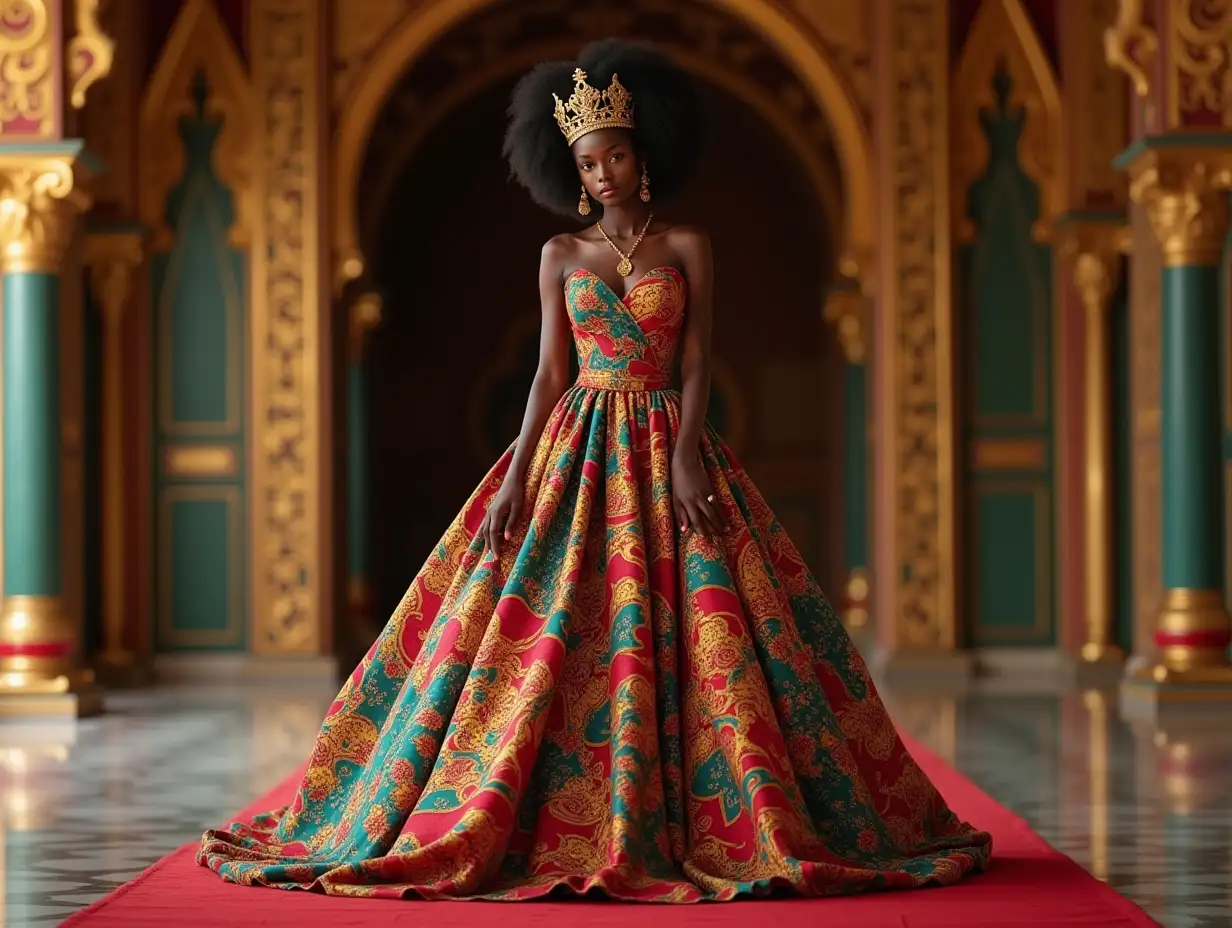 An African princess with a beautiful colorful dress, jewel crown, painting nails, red shoes in a palace 4K resolution Vibrant