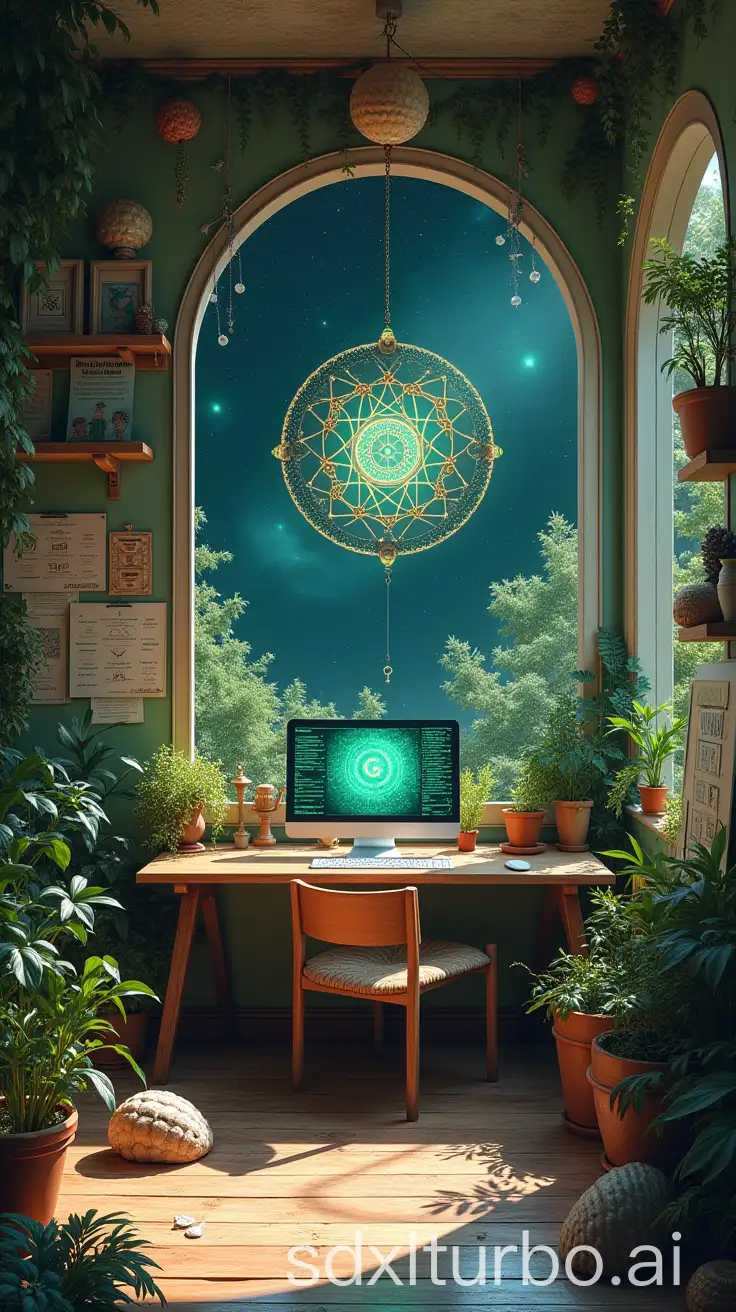 a beautiful alien garden, dodecahedra on shelves, a computer, mandalas and dark green computer code on the walls, mandalas and many formulas on posters, symbols on walls, spiraling seashells, posters with mandalas,  starry sky and galaxy in the background, bright sunny and mysterious atmosphere, high precision, low saturation, off-white colors