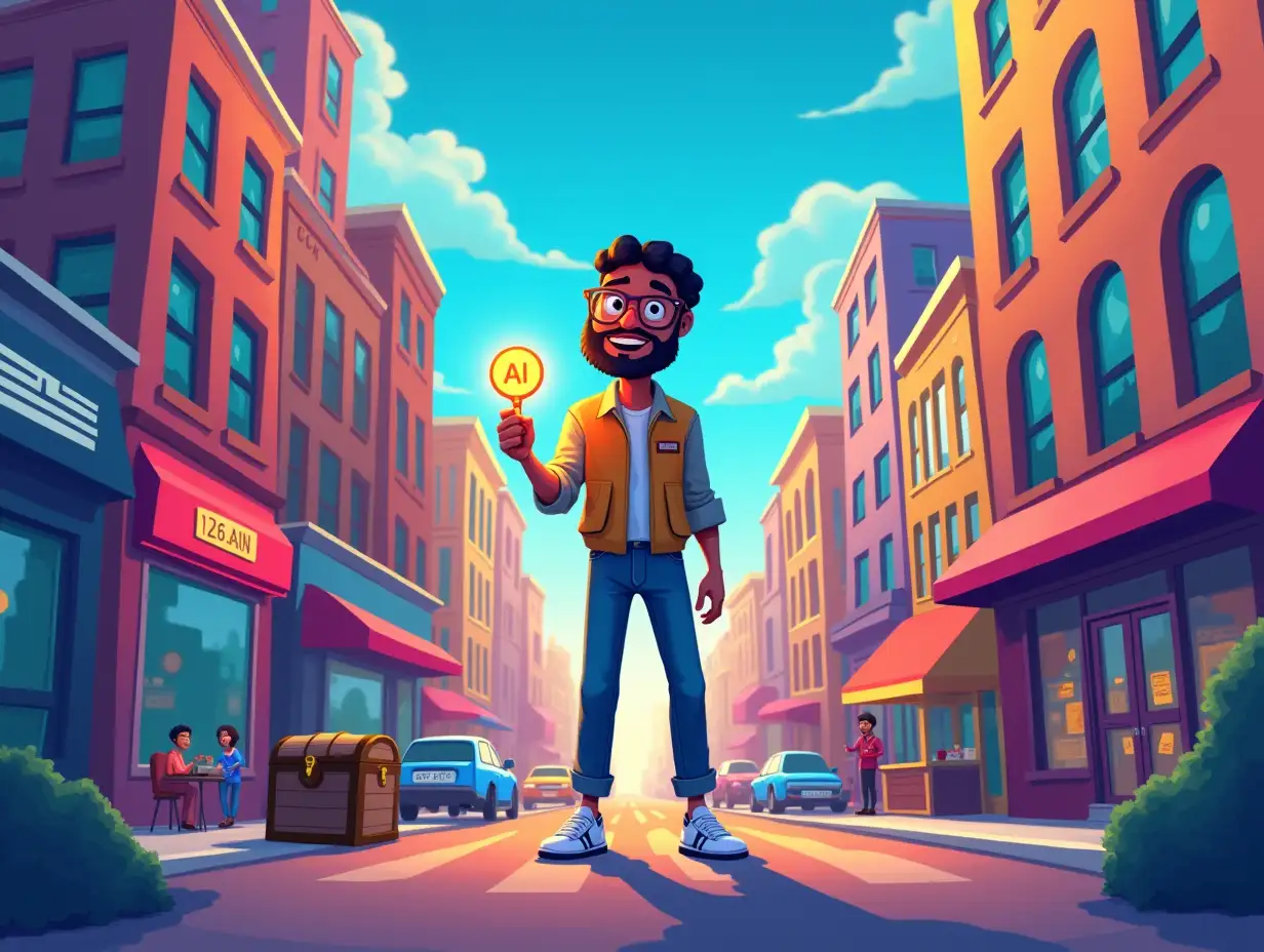 A vibrant digital illustration of a small business owner (diverse, energetic) standing at the intersection of a bustling city street and a futuristic AI circuit board. The owner is holding a glowing 'AI' key that unlocks a treasure chest labeled 'Time & Money.' Bright, optimistic colors, cartoonish style with subtle tech elements.