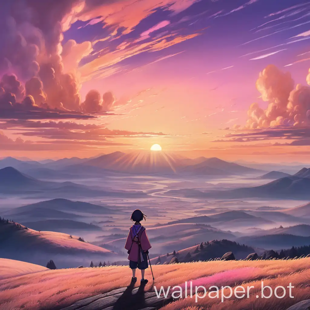 Anime-style landscape, Colorful sky with colors of orange, pink, and purple. Swept clouds in the sky darkened by a setting sun. Shadows of hills at the bottom, one of them in the center with the shadow of a character standing, looking at the sun.