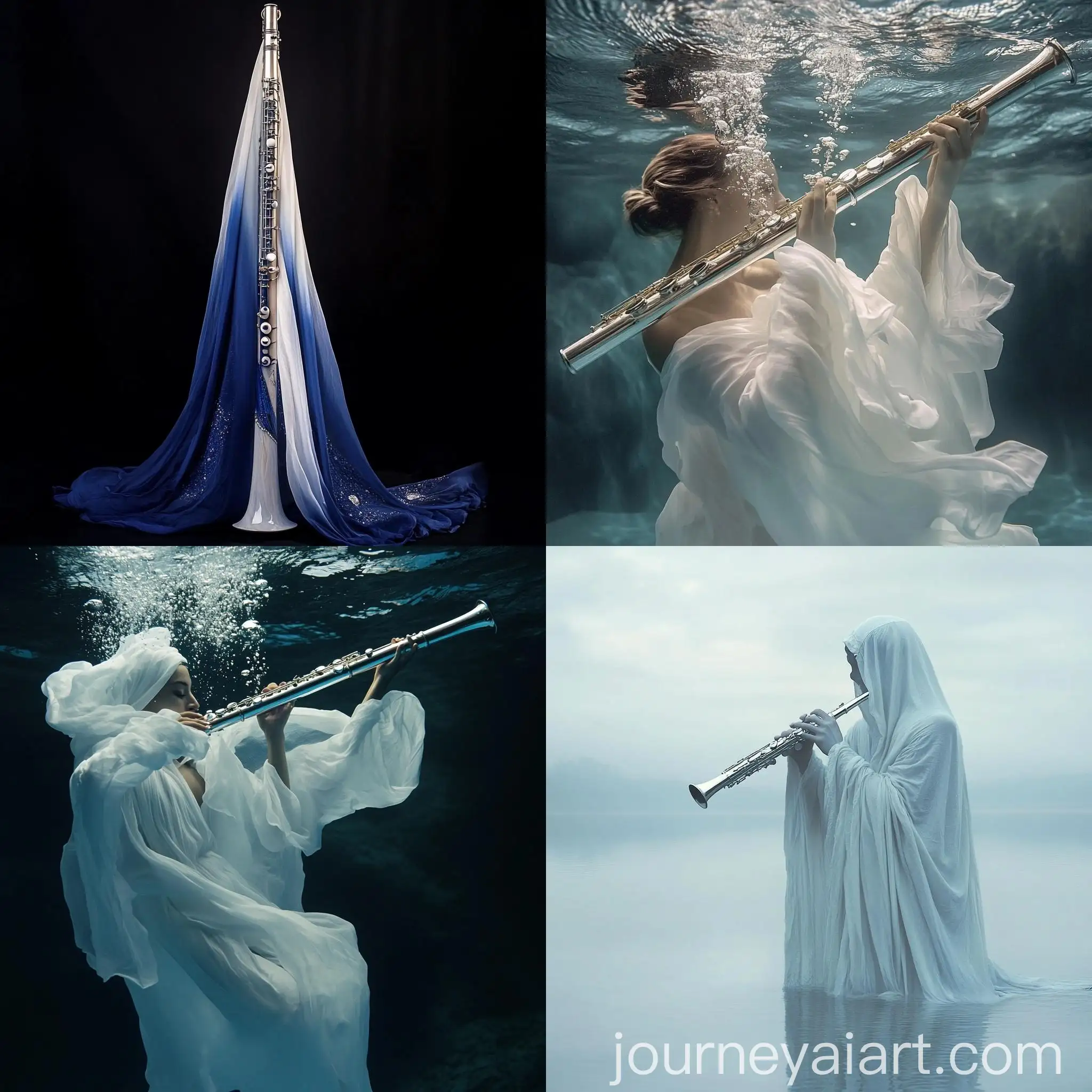 Colorful-Cloaked-Figure-Playing-Flute-in-White-and-Blue