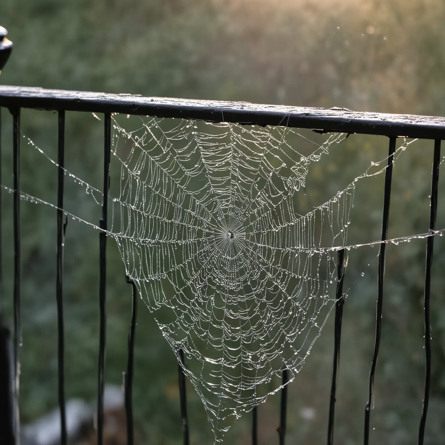 A perfect spider web on a railing