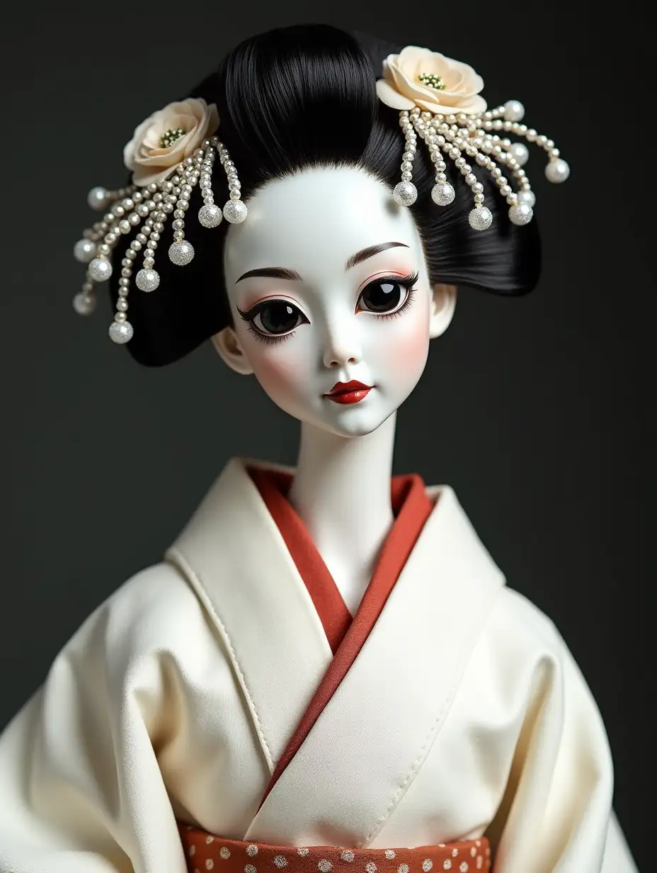 A tall and very slim porcelain doll with black eye sockets in the guise of a Japanese geisha in a white kimono, with numerous silver kanzashi.