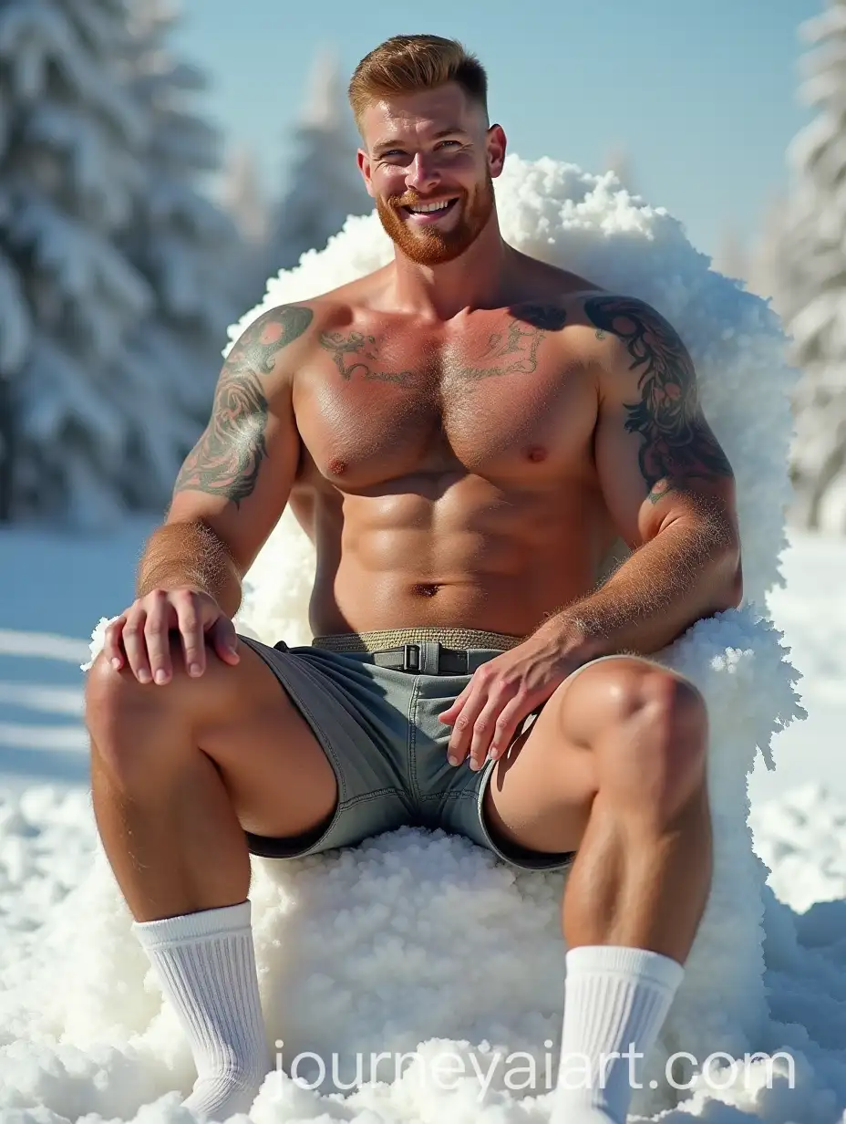 Beefy-Ginger-Man-Sitting-on-Snow-Throne-with-Tattoos-in-Sunshine
