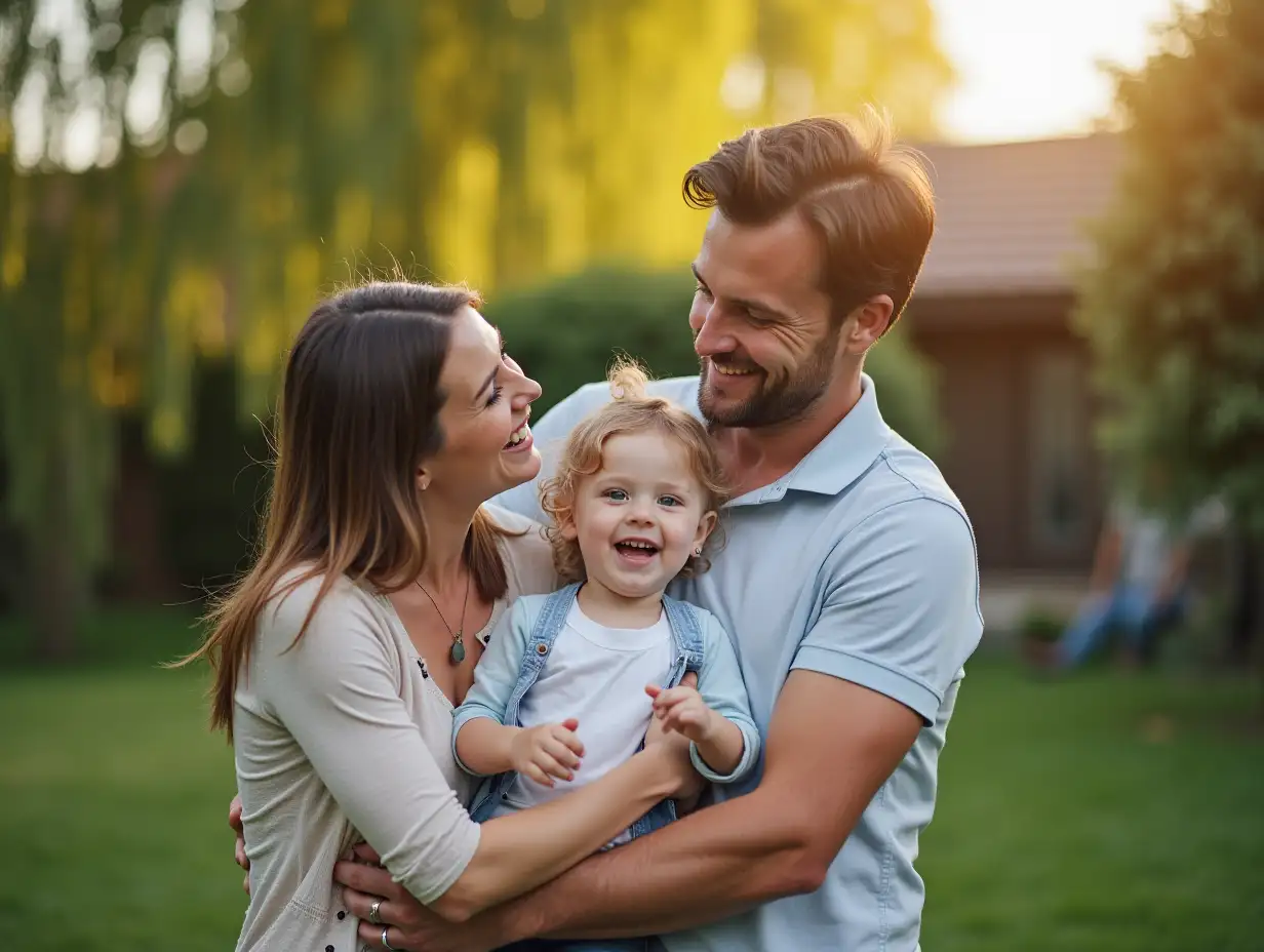 Family, mother and father portrait outdoor with a smile and love for child or baby. Man, woman and happy kid in a backyard for support, care and security in a garden at home for quality time or laugh