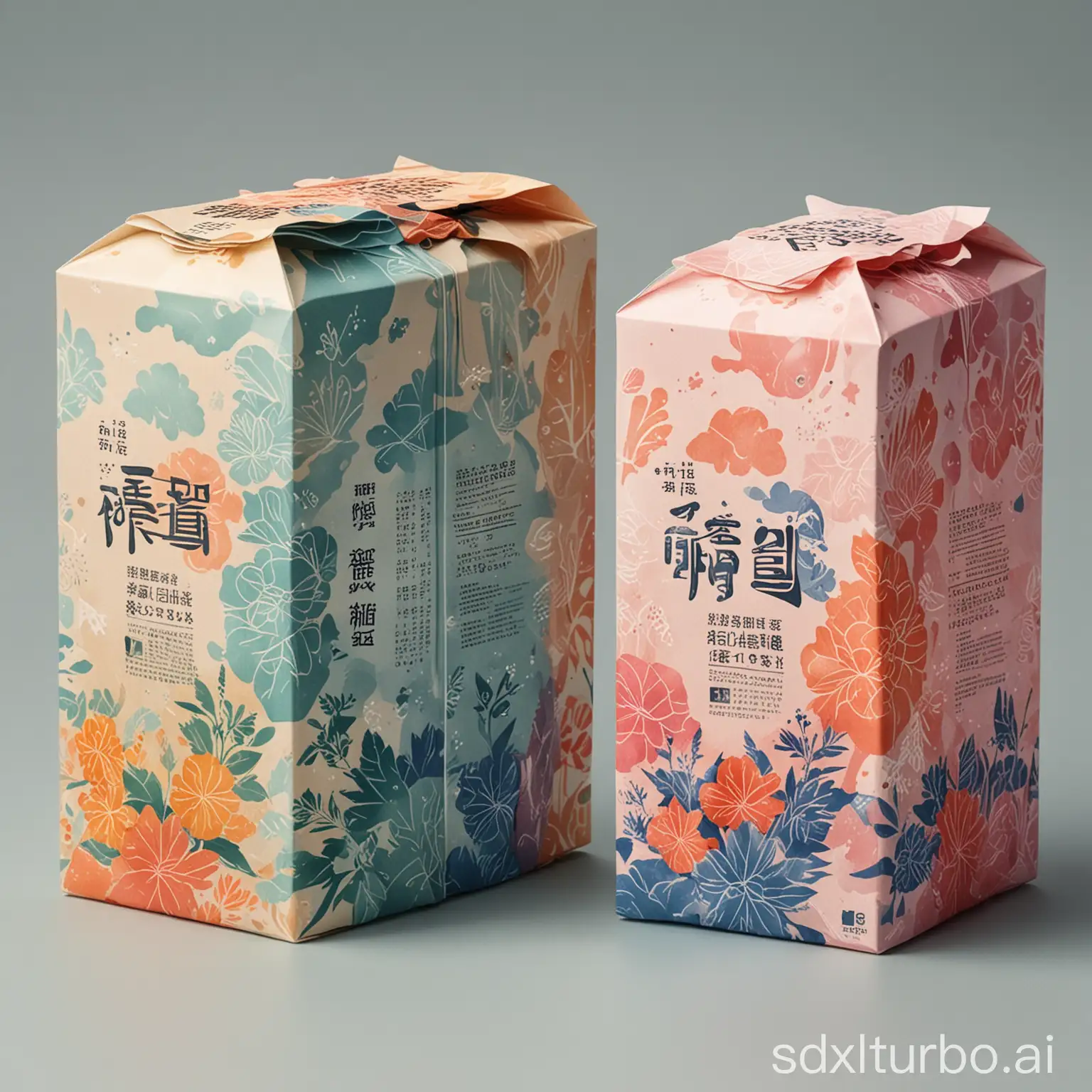 Packaging design, tie-dye style, simple packaging design, abstract geometric patterns on food packaging, with flowers or plants or clouds or natural patterns as the theme, using traditional Chinese colors, clear layers, and a cloth-like texture,