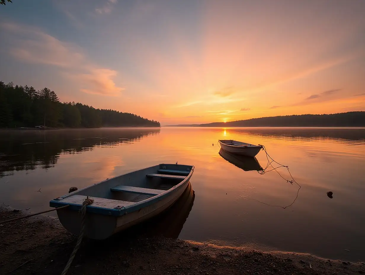 On the image, a boat is shown on the shore of Lake Malaren in Sweden at sunset