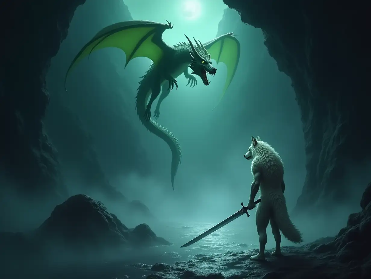 A dark gloomy scene in a cavern with mist on the ground, in the distance is a pool of glowing silver water, a green dragon is flying high above a werewolf, the werewolf has white fur all over his body, the werewolf is holding a longsword and facing the dragon