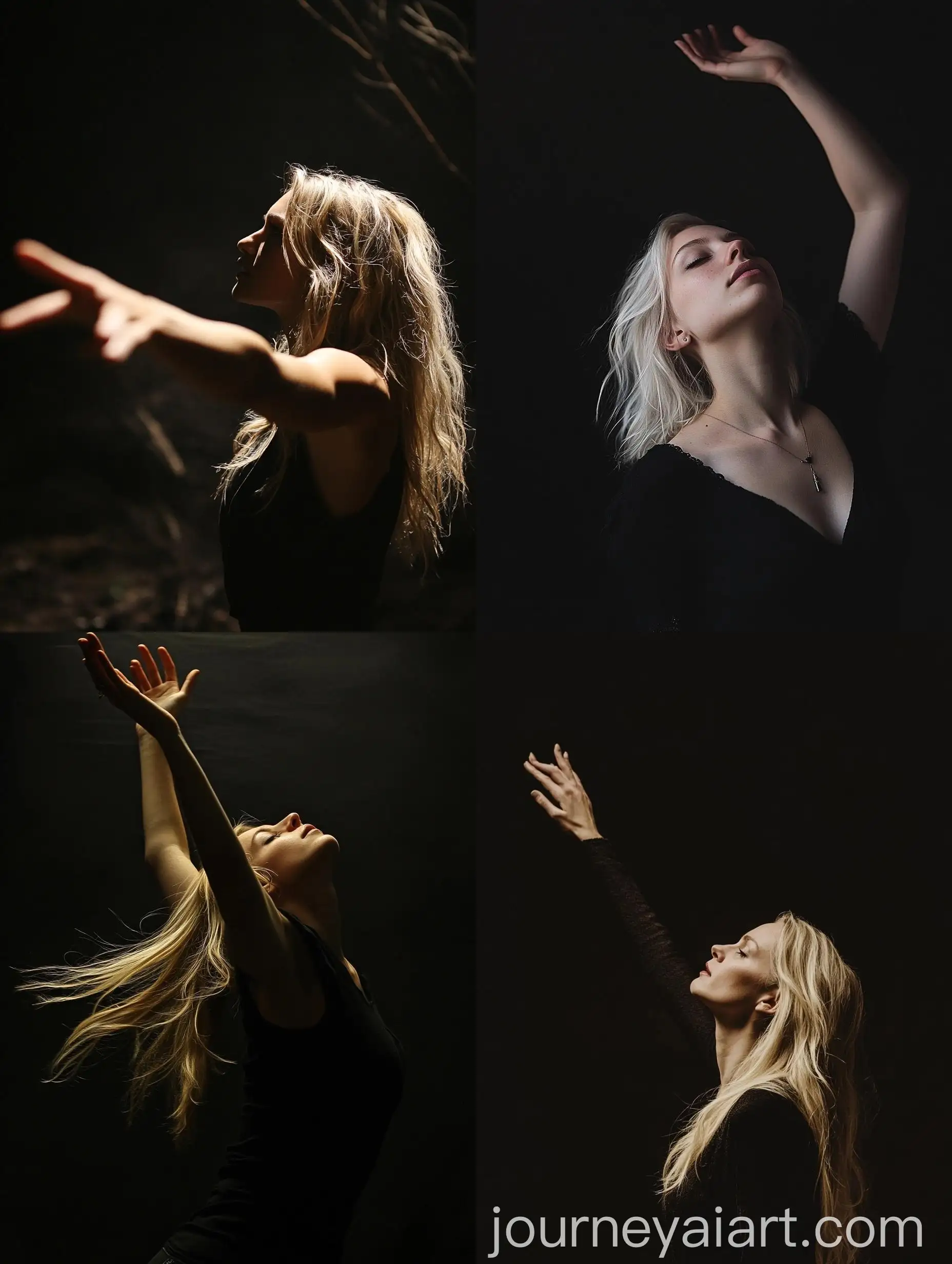 Blonde-Woman-with-Outstretched-Arm-in-Contrasting-Dark-Background