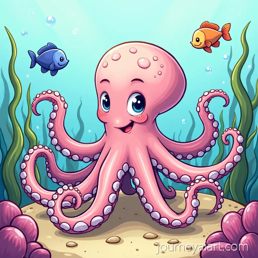 Happy-Cartoon-Octopus-in-Colorful-Underwater-Ocean-Garden-with-Fish