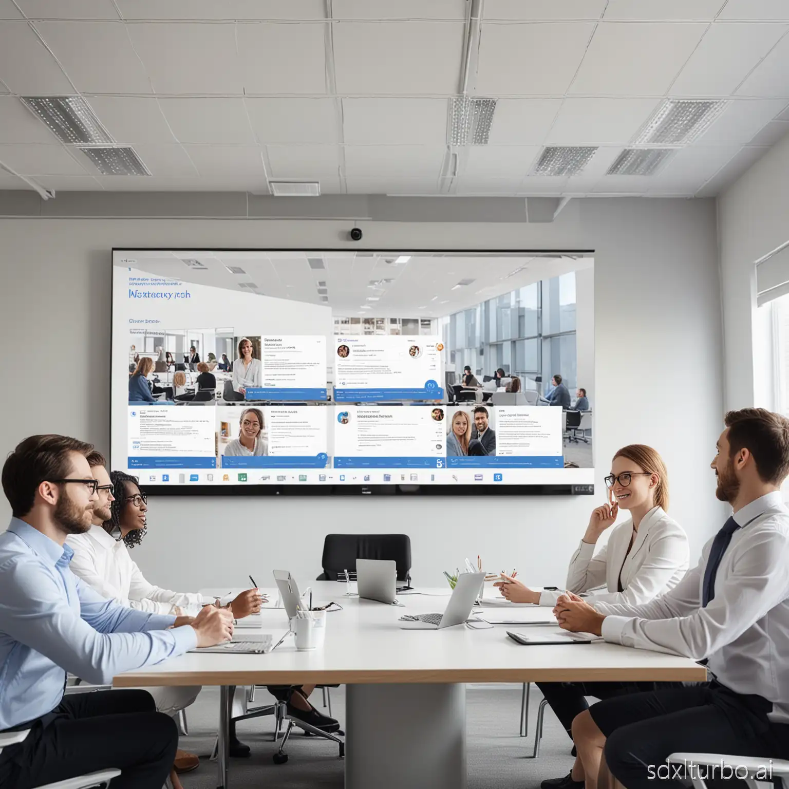A modern office video - conference scene. A group of business people sit around a table, facing a large wall - mounted display showing a Microsoft Teams meeting. On the screen, there are remote participants in video call windows, with a presentation slide about ‘Promotion of Digital Strategies’ that has pie charts, bar graphs. The in - person attendees hold tablets with matching presentation content, working collaboratively. Bright, minimalist office background with natural light from windows, professional and collaborative atmosphere, high - tech business meeting setting