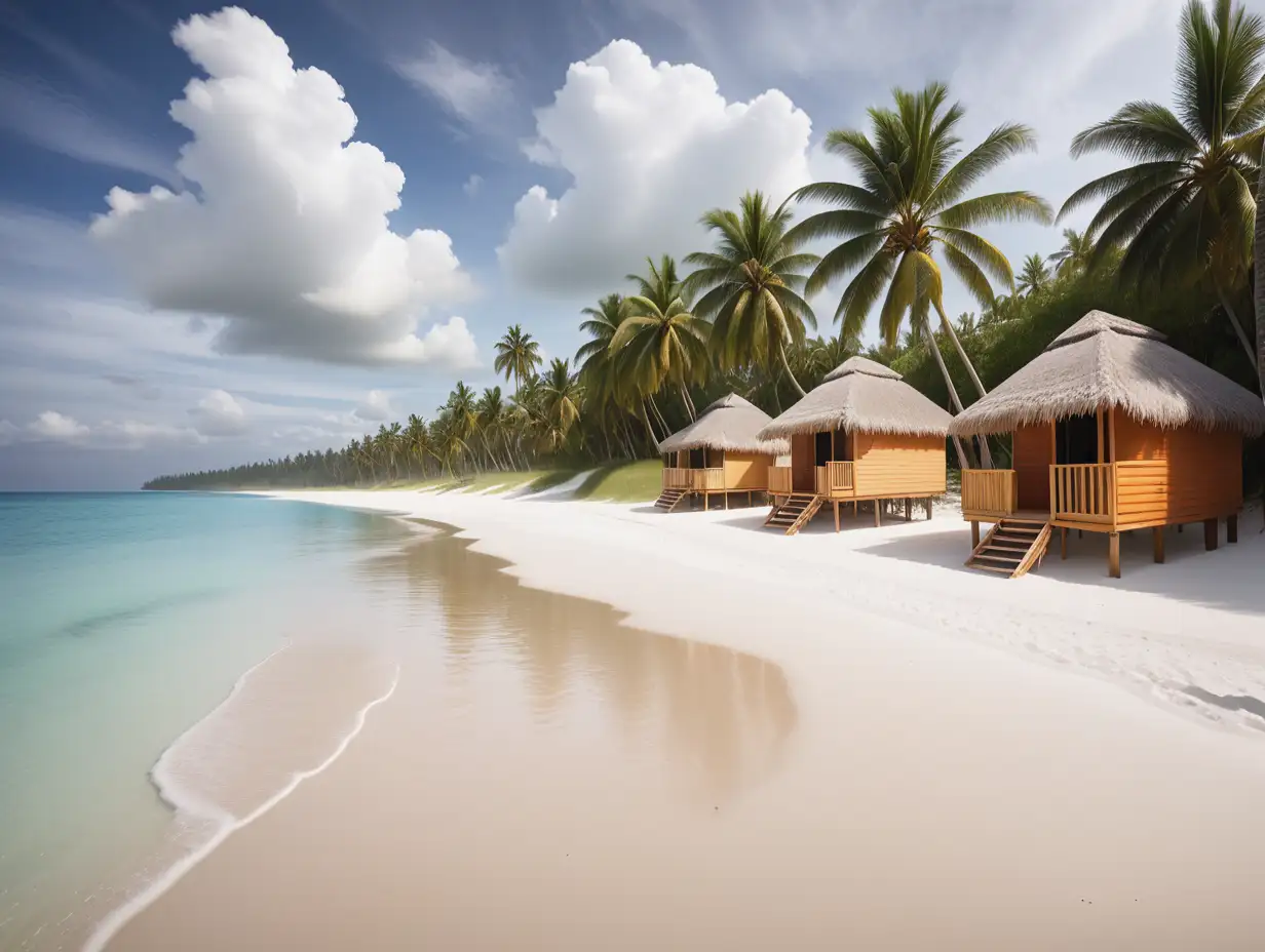 A high quality landscape image of the beach scene with white sand, clear water, palm trees and huts, cloudy morning sky and natural lighting