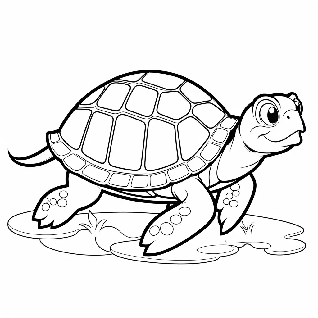 friendly cartoon character, turtle , Coloring Page, black and white, line art, white background, Simplicity, Ample White Space. The background of the coloring page is plain white to make it easy for young children to color within the lines. The outlines of all the subjects are easy to distinguish, making it simple for kids to color without too much difficulty