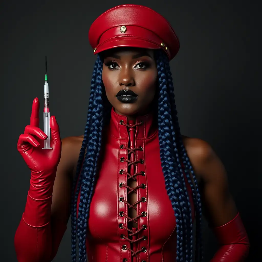 dark ebony rapper lizzo, neck covered in red leather boot laced up, red leather corset laced up to neck, elbow length red leather gloves, holding injection needle, long braided blue hair, black lipstick, red leather military hat