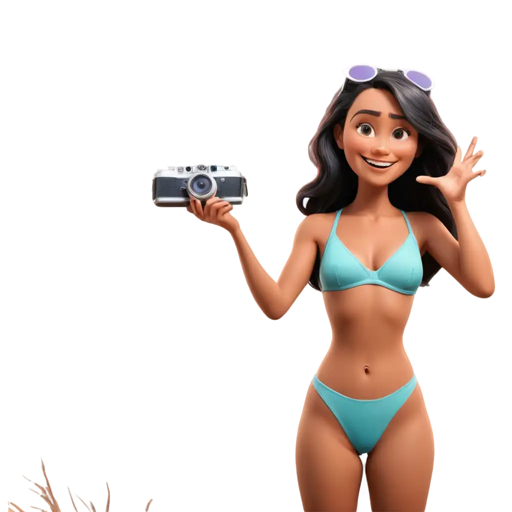 Pixar-Style-PNG-Image-Girl-on-Coast-in-Bikini-Taking-a-Photo