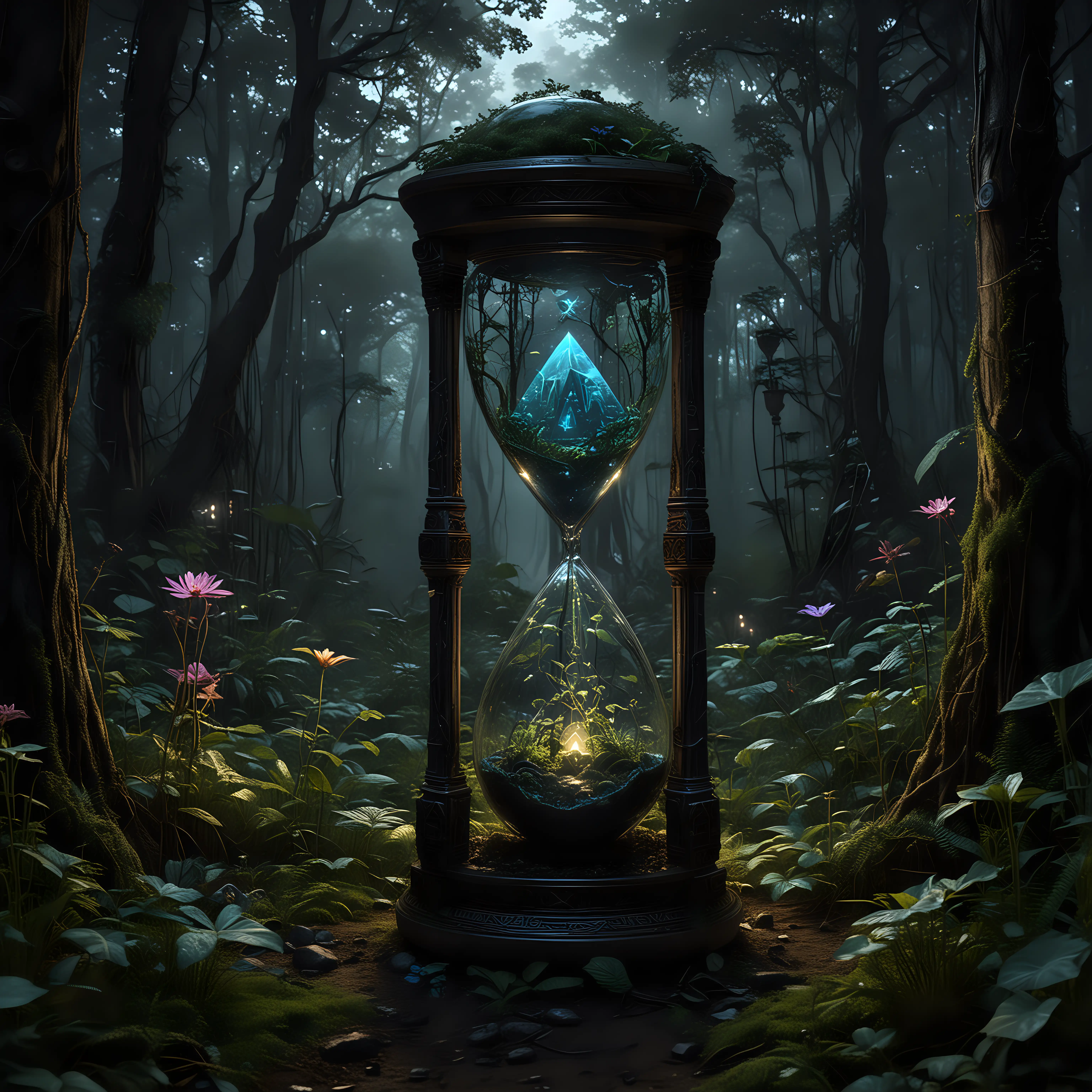 Fantasy Hourglass Forest with Bioluminescent Plants and Cosmic City