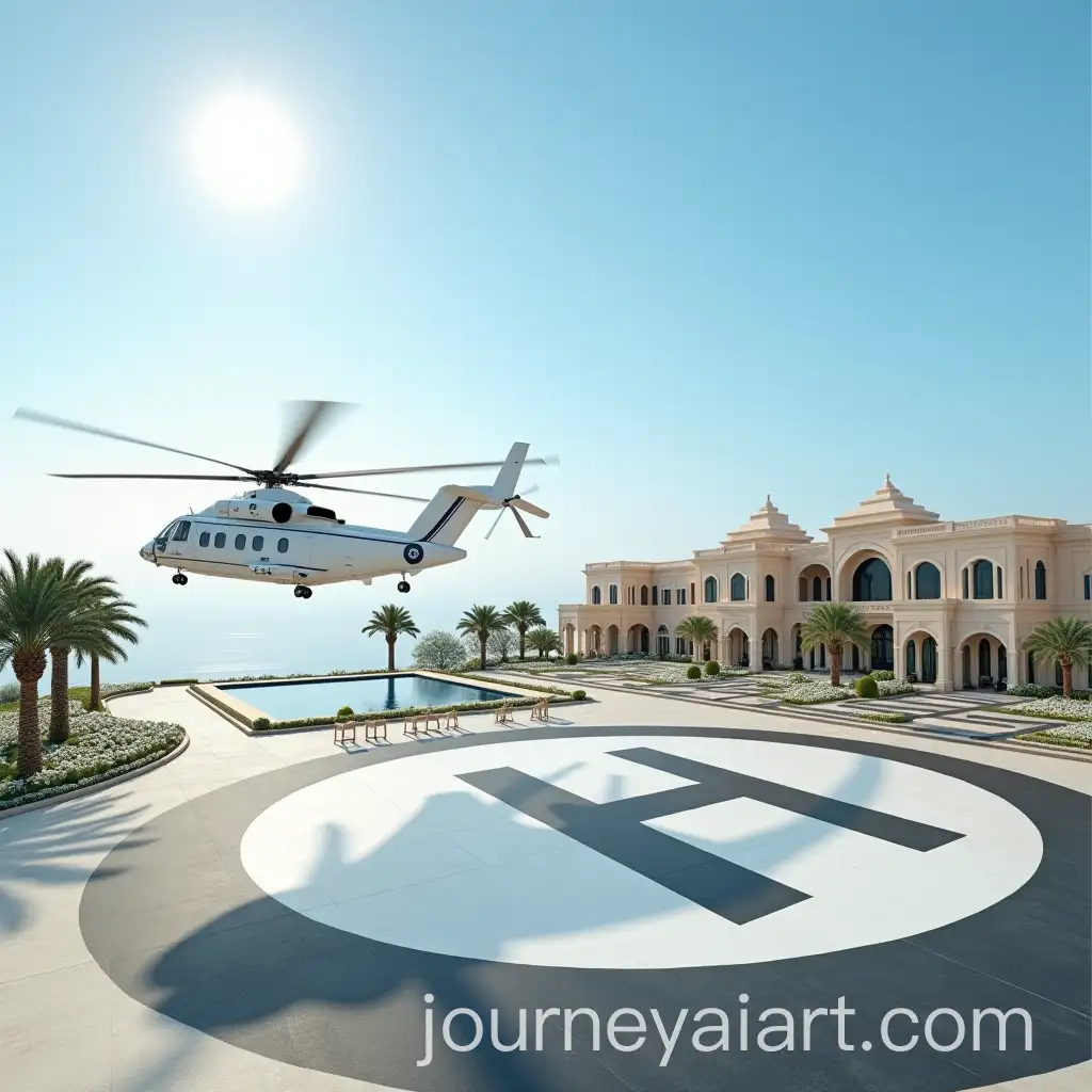 Sikorsky-S92-Helicopter-Taking-Off-Near-Arabian-Palace-with-Luxurious-Pool-and-Palm-Trees