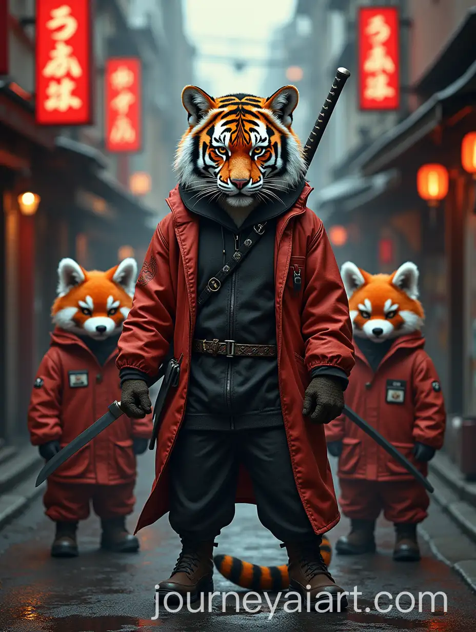 Fierce-Tiger-with-Katana-and-Japanese-Streetwear-in-Tokyo-Alley-with-Foxes-and-Red-Pandas